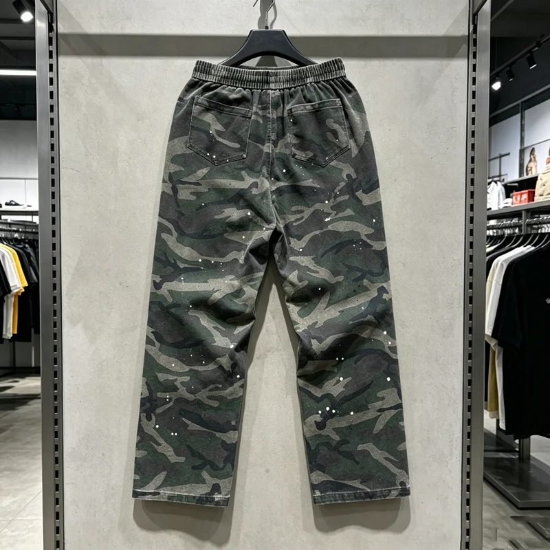 Camouflage Green SAINT Hole Damage Logging Cargo Pants Men Women Washed Heavyweight High Quality Drawstring Loose Paint Trousers