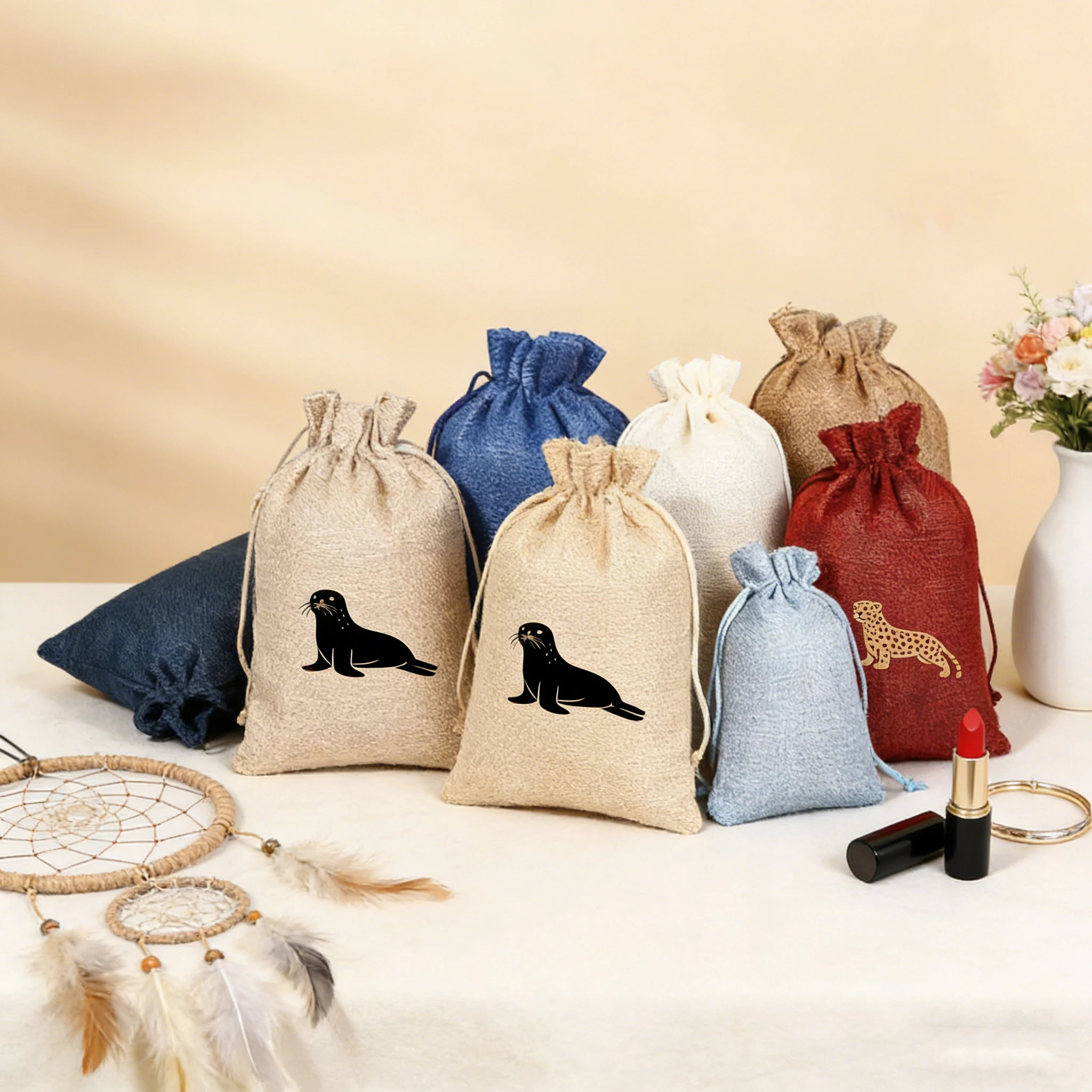 

Custom Logo Wine Red Reusable Burlap Bundle Drawstring Jewelry Bag for Wedding Favor Party Gift Storage Packaging Lipstick Pouch