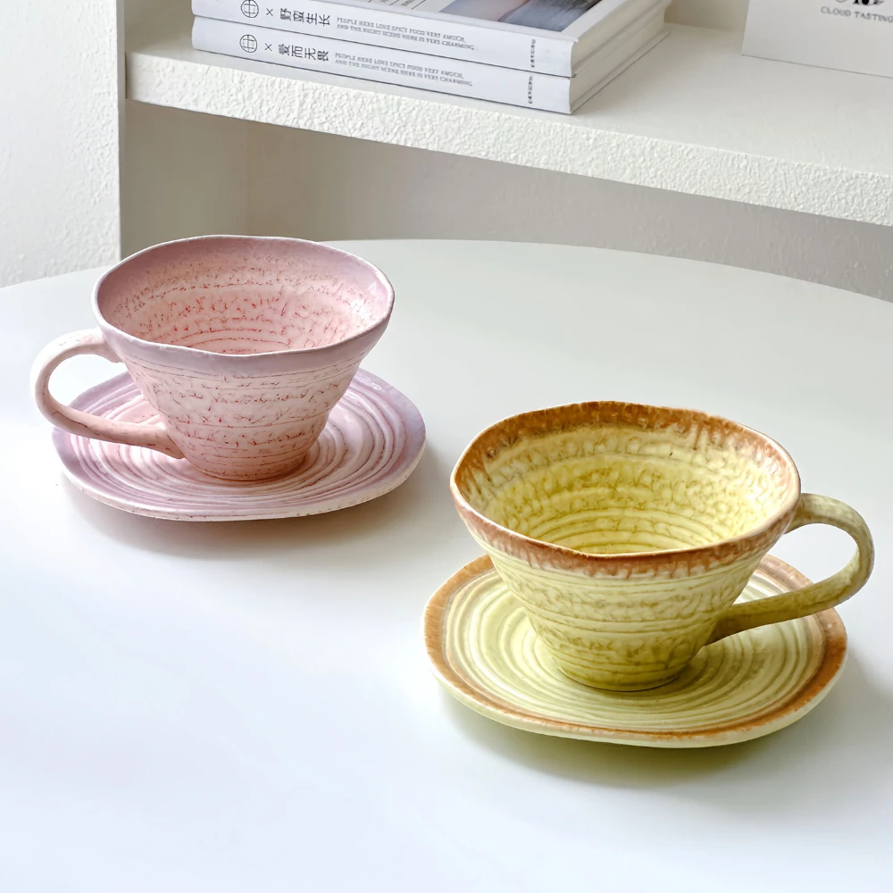 Japanese Retro Irregular Cone Ceramic Mug With Saucer Swirl Textured Glaze Handcrafted Wavy Rim Coffee Tea Cup Set
