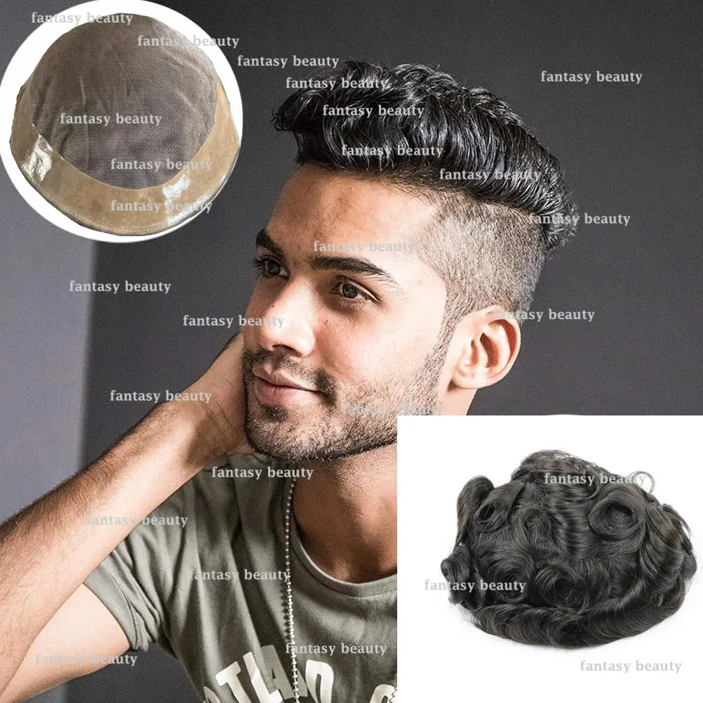 Peruca de renda monocromática respirável masculina, cabelo humano, linha fina natural PU, NPU onda reta, sistema de substituição de prótese