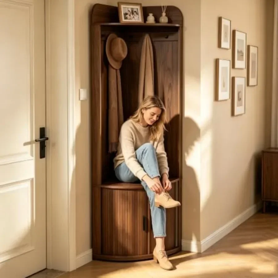 Corner Hall Tree with Bench and Shoe Storage: Engineered Wood, White, Space-saving Design with Integrated Seating and Concealed