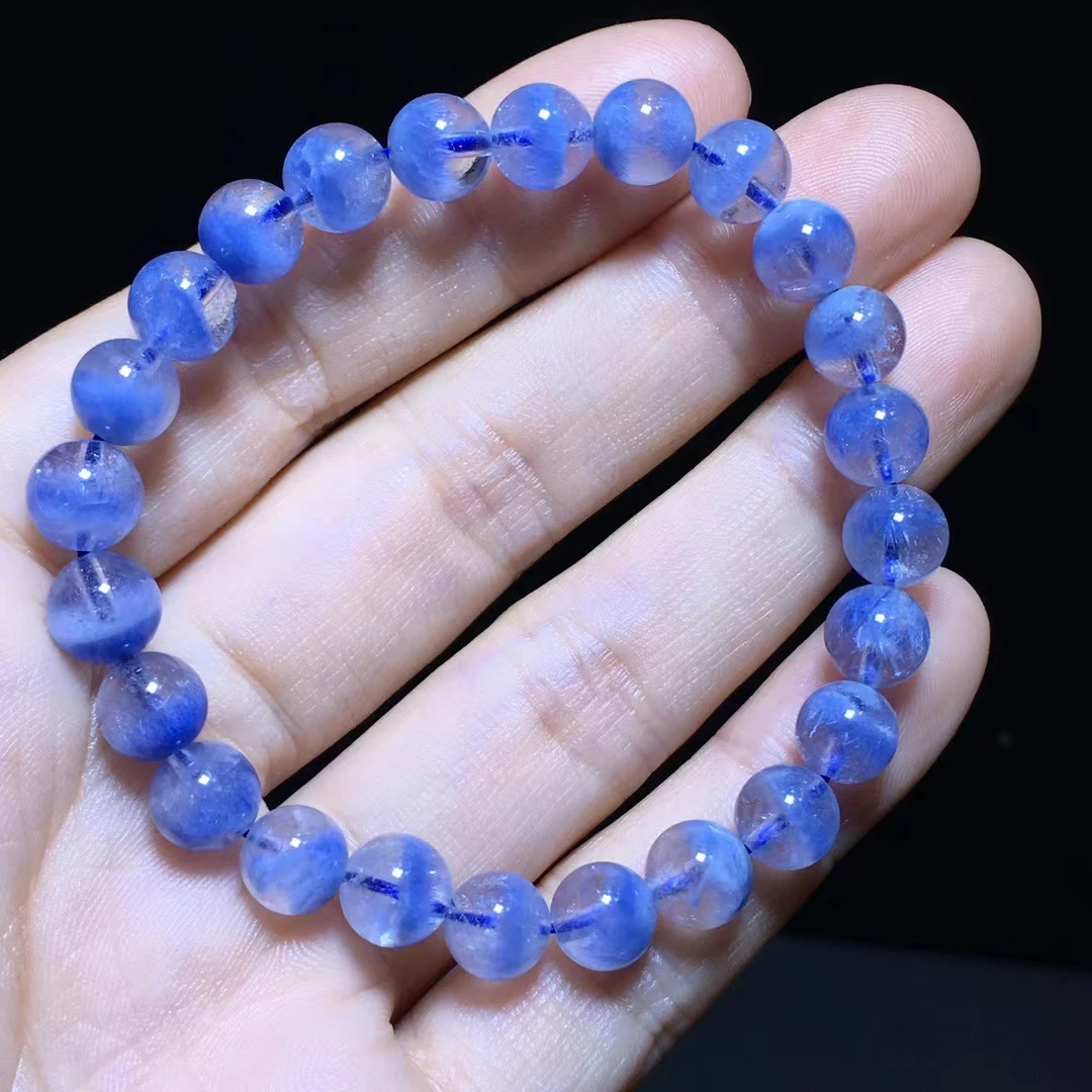 Natural Blue Rutilated Dumortierite Quartz Bracelet Women Rutilated 7.3mm Cat Eye Clear Round Beads Rare Stone AAAAA