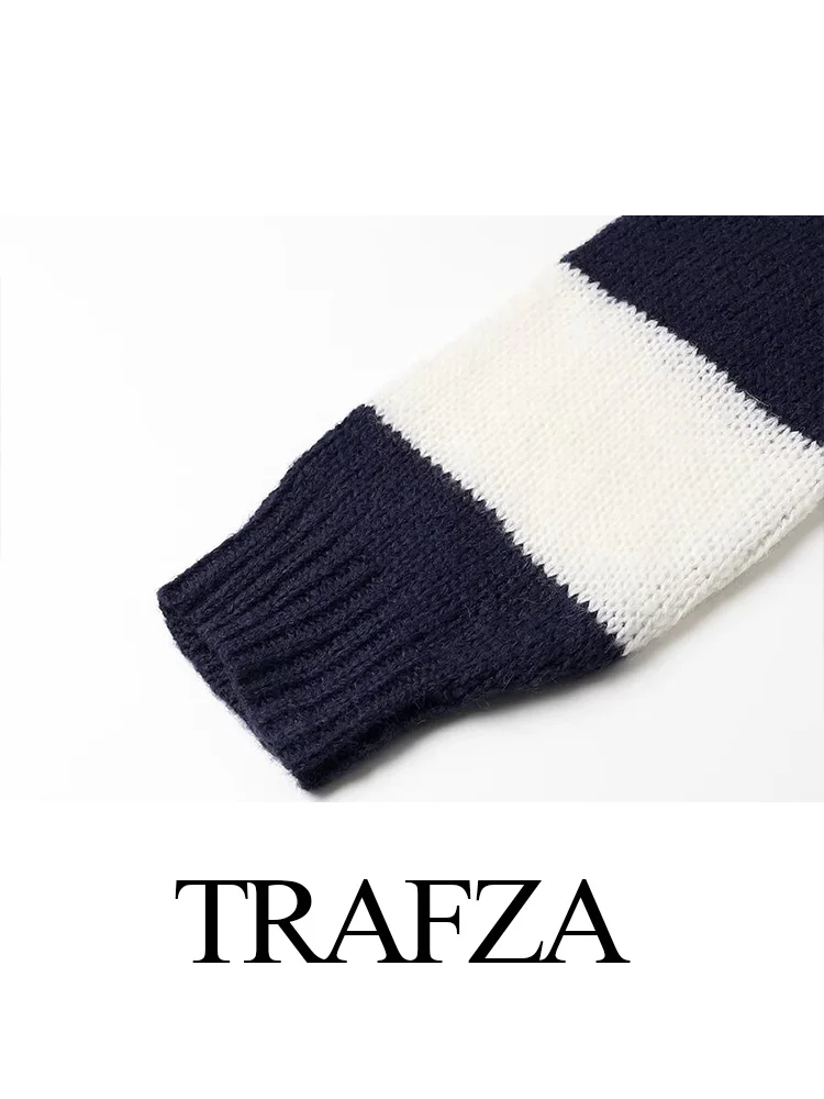 TRAFZA Sweater rajut wanita, Pullover rajut leher bulat longgar, Sweater elastis lengan panjang garis-garis longgar elegan untuk wanita