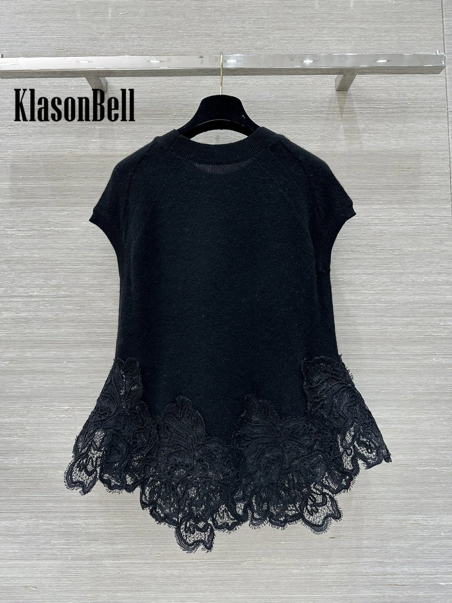 9.29 KlasonBell Women Clothes Contrast Color Hem Lace Spliced Cashmere Knitwear Temperament Sweet Short Sleeve T-Shirt