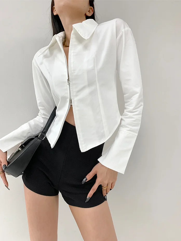 Sweet and Spicy Pure Desire Style High-end Feeling Lapel Long Sleeved T-shirt for Women Slim Fit and Slimming Exposed Waist