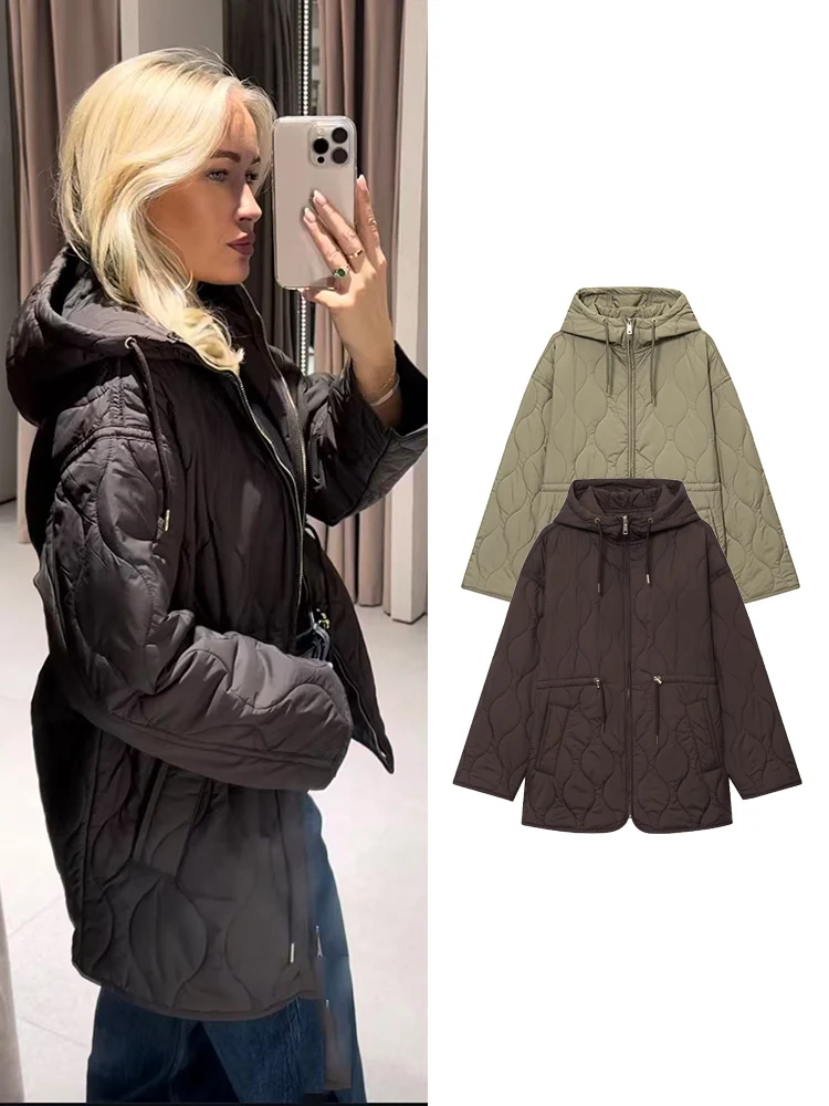 

Winter Women Hooded Drawstring Cotton Jackets Fashion Casual Zipper Pocket Quilted Coat Female Warm Long Outerwear 2025 New
