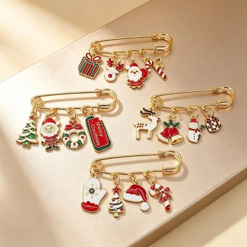 Christmas Santa Claus Snowflake Bells Pendant Brooch Xmas Tree Snowman Pins For Women Men Jewelry
