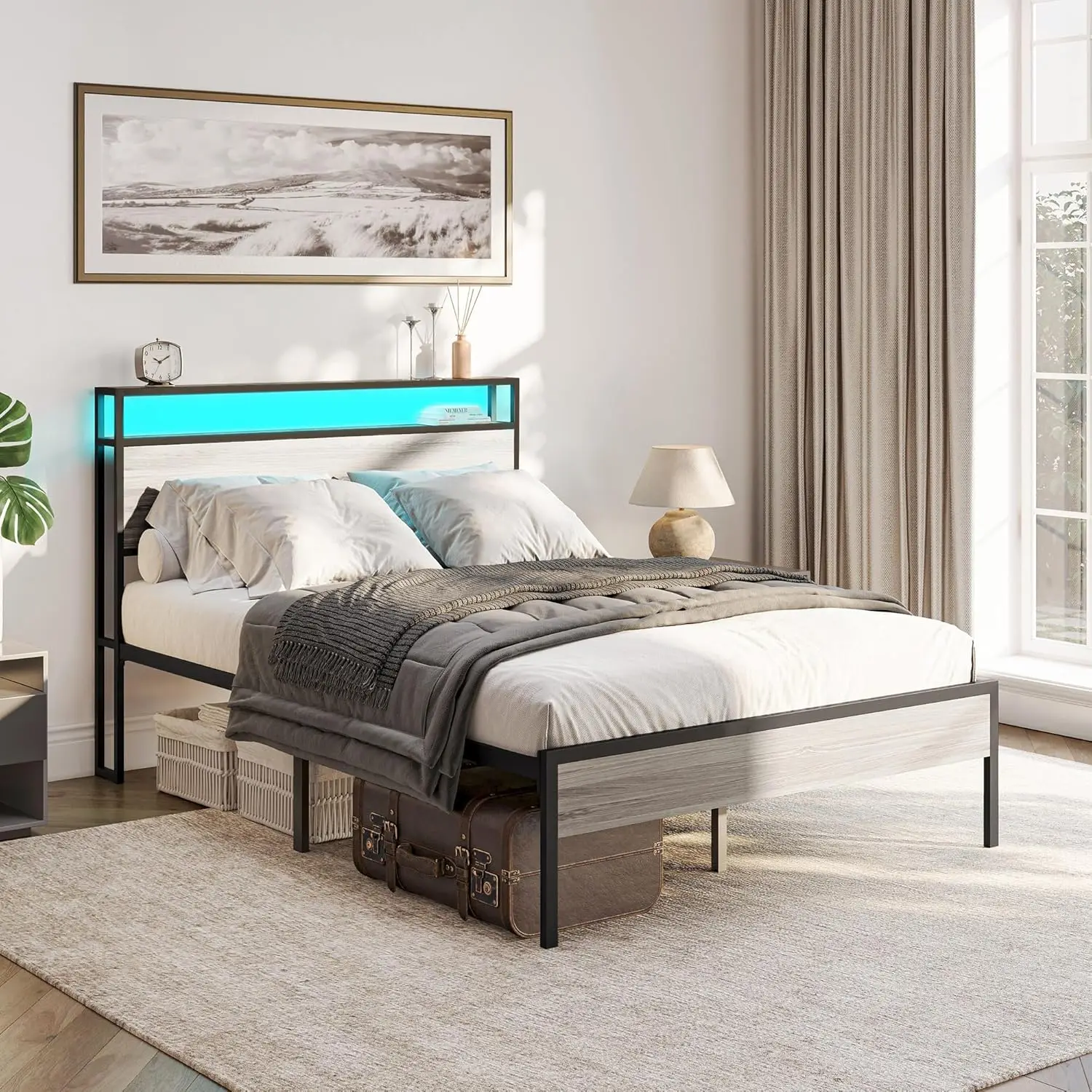 

Full Size Bed Frame with 2-Tier Storage Headboard, Sturdy Metal Platform Bed Frame with Remote Control RGB LED Light