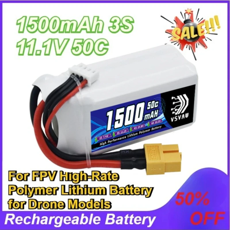 

Drone Battery 1500mAh 3S 11.1V 50C Rechargeable Battery for FPV High-Rate Polymer Lithium Battery for Drone Models