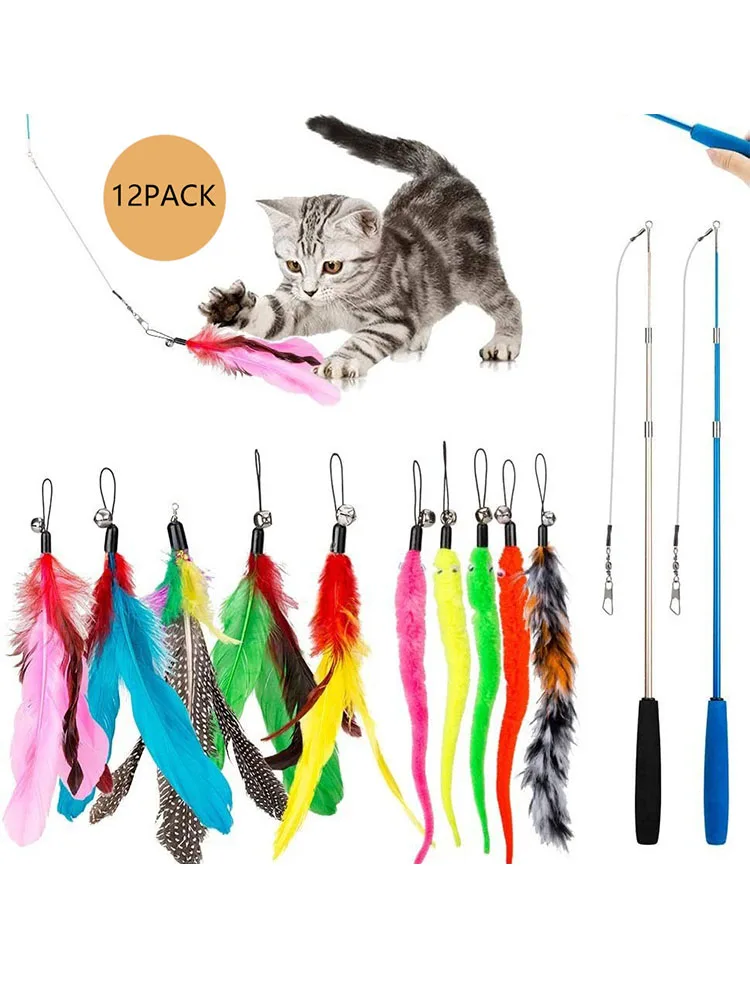 12er-Pack Interaktives Katzenspielzeug: Freihändiger Katzenstab, Spielzeug für Kätzchen, Teaser-Stab mit Saugnapf, Vogel-/Feder-Katzenstab-Spielzeug-Set – Detail 1