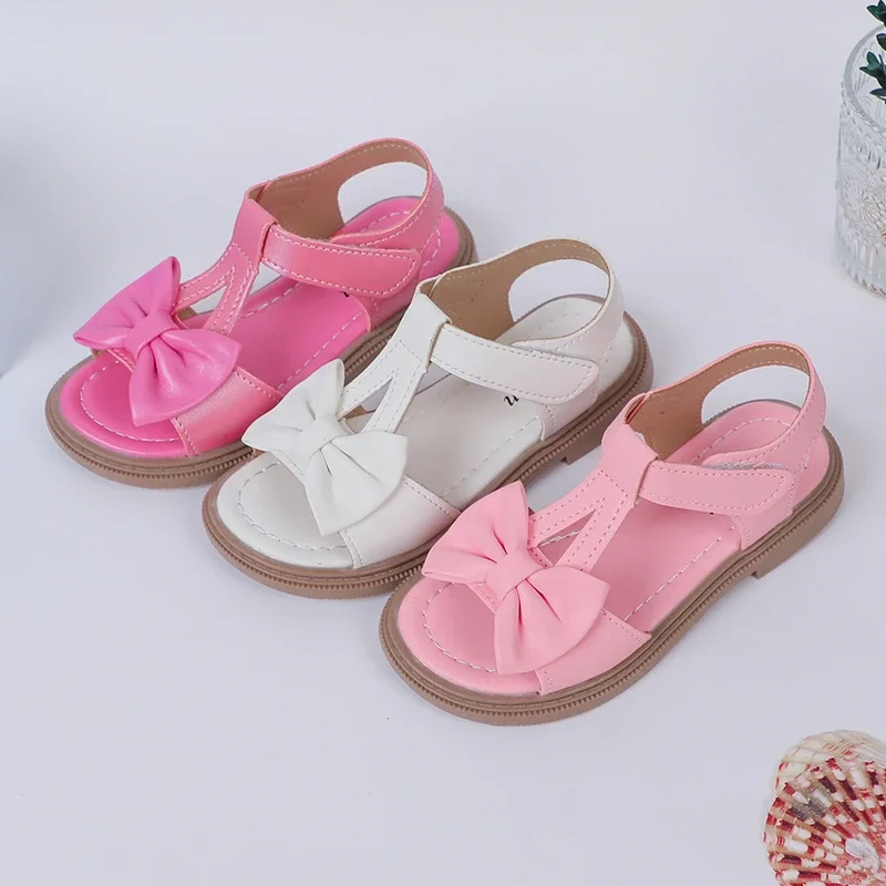 2024 Toddler Girl Shoes Bow Korean Style Soft Summer New Simple Girls Sandals Platform Non-slip Open-toe Kids Shoes Hook & Loop