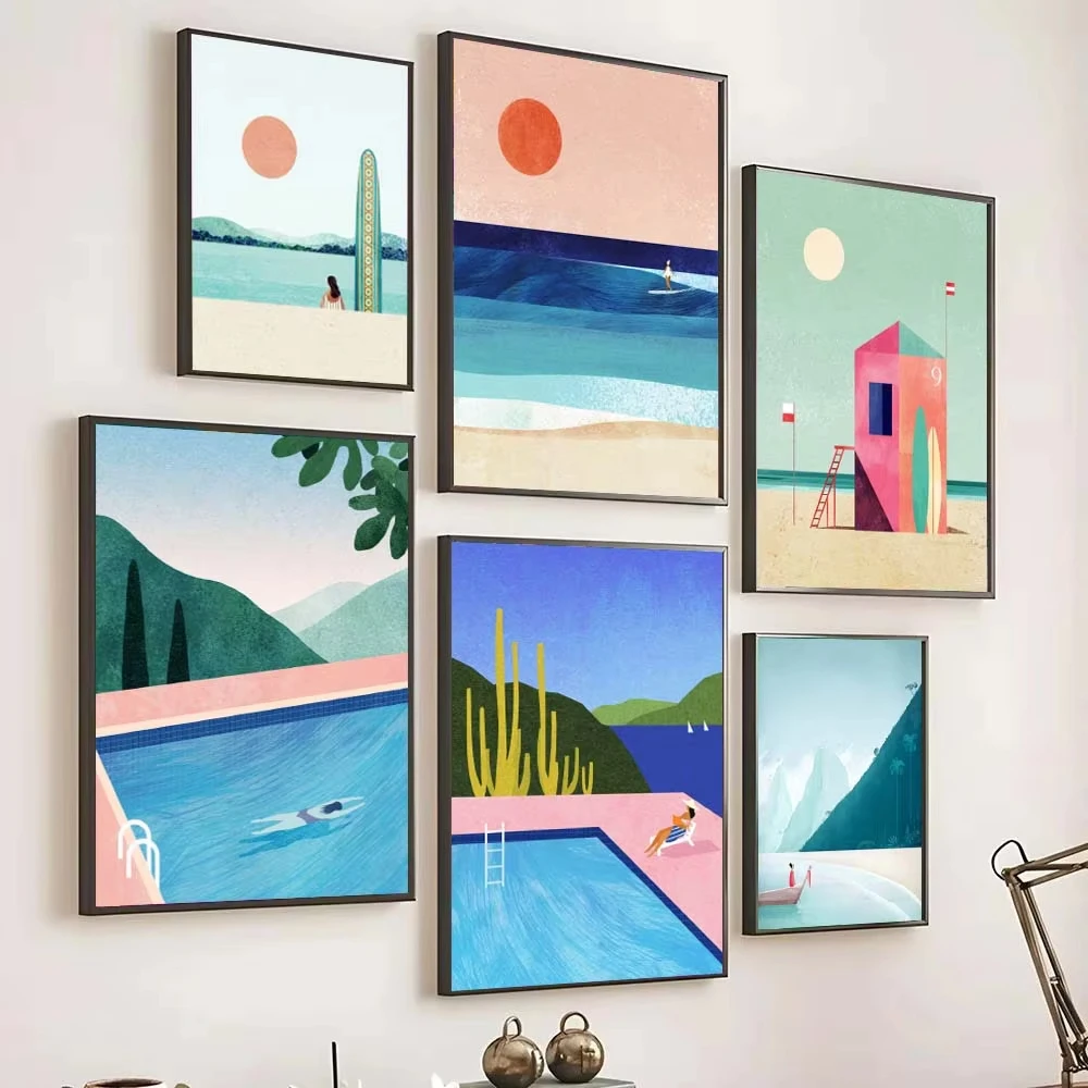 Spring & Summer Beach Sunset Scenery Poster Printing Modern Fresh Green Natural Landscape Frameless Canvas Art Home Decor Gif