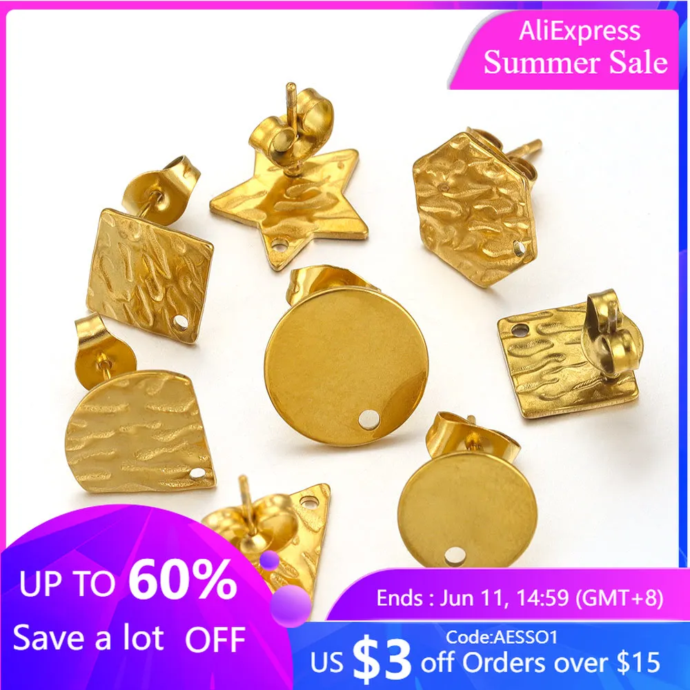 Boucles d'Oreilles Rondes et Carrées en Acier Inoxydable Plaqué Or, 10 Pièces, Ensemble de Base avec Trou pour Bricolage, Accessoires de Direction, Vente en Gros