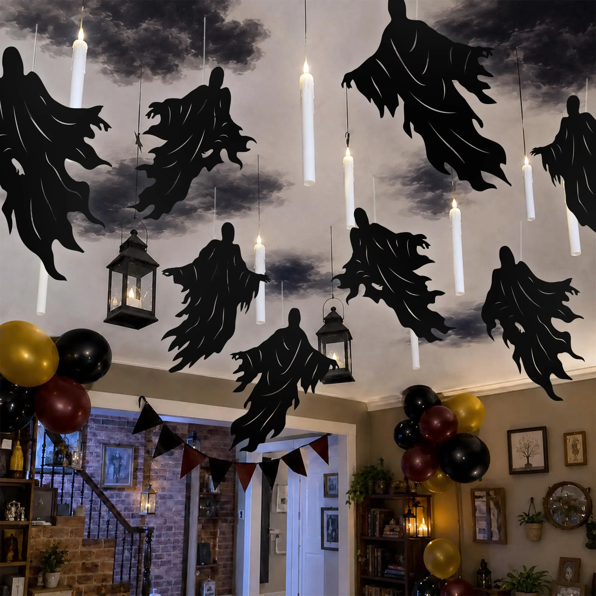 Halloween Schwarze Schwebende Geister-Papieraufkleber Hängende Silhouetten-Deko Gruselige Decken- und Fensterdekoration für Spukhaus-Party – Detail 4