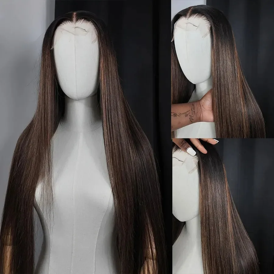 

Brown Highlight Blonde Bone Straight Lace Frontal Wigs Synthetic Fibre Mixed HD Lace Pre Plucked Glueless perruque For Women