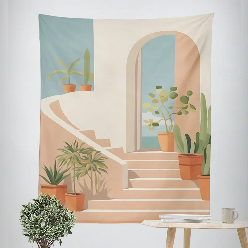 Coastal Staircase Tapestry - Modern Wall Hanging with Plants and Archway, Perfect for Home Decor, Stylish and Unique Design