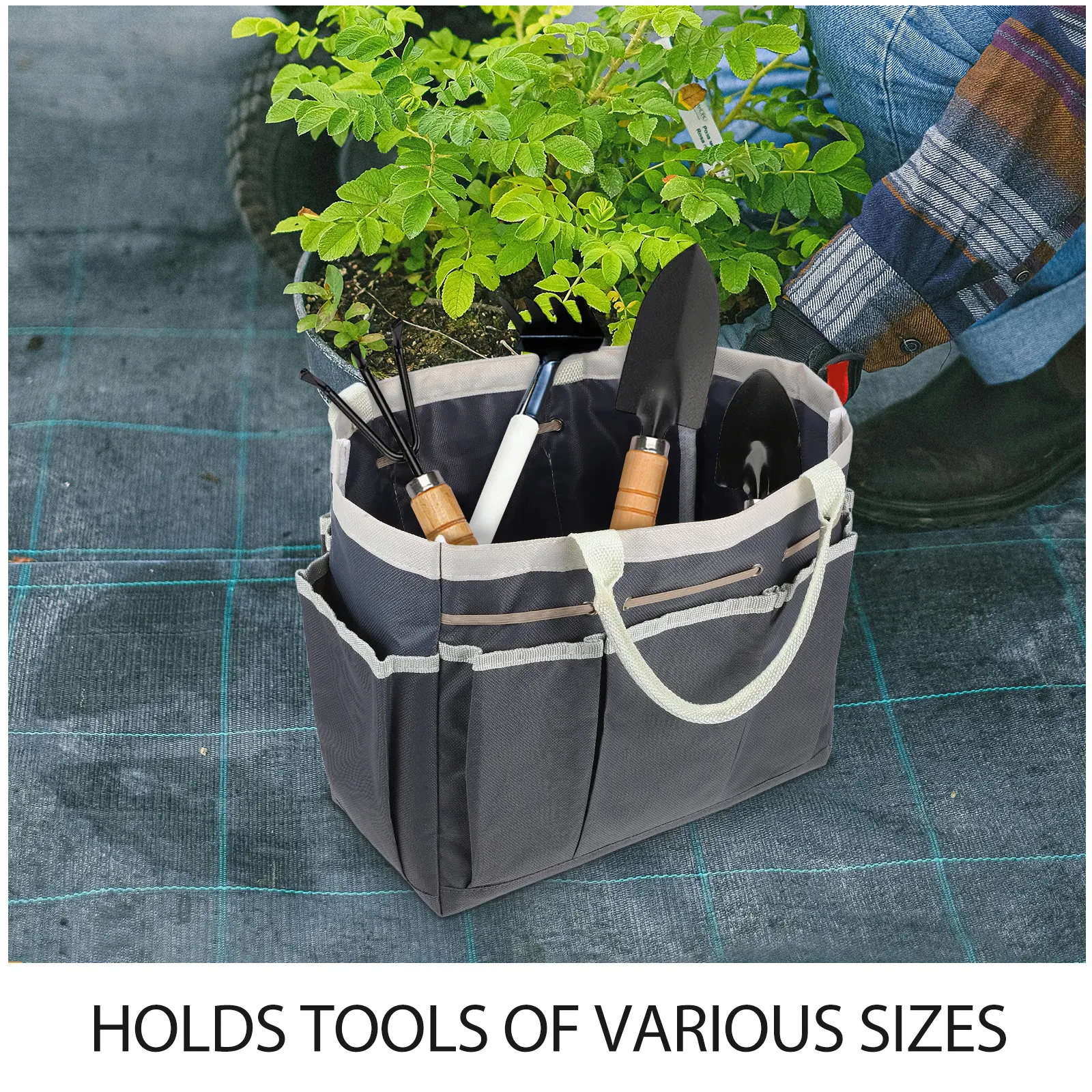Large Oxford Cloth Garden Tool Storage Tote Dark Gray Sturdy Handle Waterproof Dustproof Organizer Bag for Home Outdoor