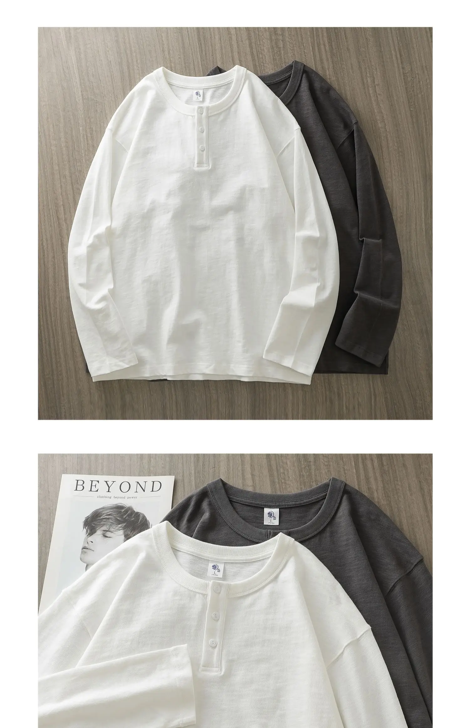 Dukeen 320G schweres T-Shirt aus 100 % Baumwolle mit Henley-Ausschnitt für Herren, langärmelig, Frühling und Herbst, lässige Oberteile, einfarbige Unterhemden – Detail 7