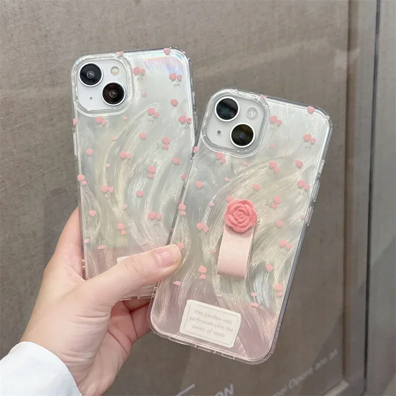 Funda de teléfono con diseño de muselina plateada con personalidad, soporte de anillo de flores, fundas de protección para iPhone 15, 14, 13, 12 Pro Max