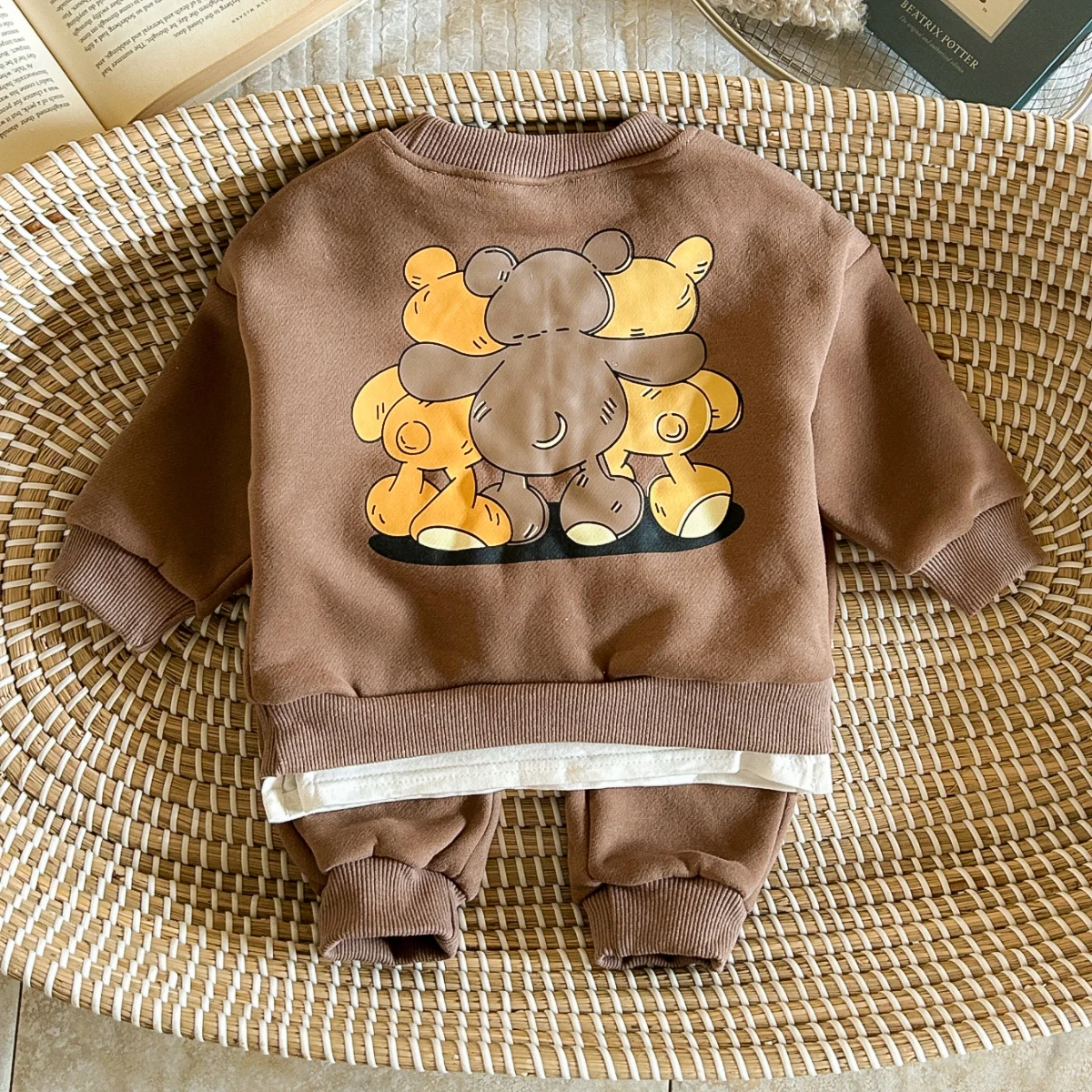 Winter Infan Baby Outfits Boy Girl Sets Velvet Cartoon Print Cotton Long Sleeve Tops+Pants Baby Little Bear Children Clothing