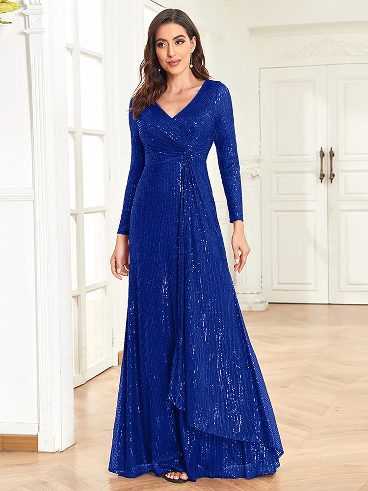 XUIBOL-Robe de Soirée Rouge à Manches sulfet Col en V pour Femme, Tenue de Luxe à Paillettes pour Invités, Mariage, Bal, Cocktail, 2024