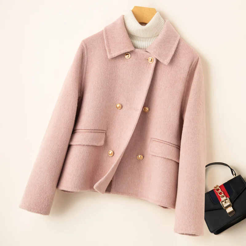 

Двустороннее кашемировое пальто, женское осенне-зимнее новое двубортное пальто с кукольным воротником, короткая шерстяная куртка, женская свободная верхняя одежда