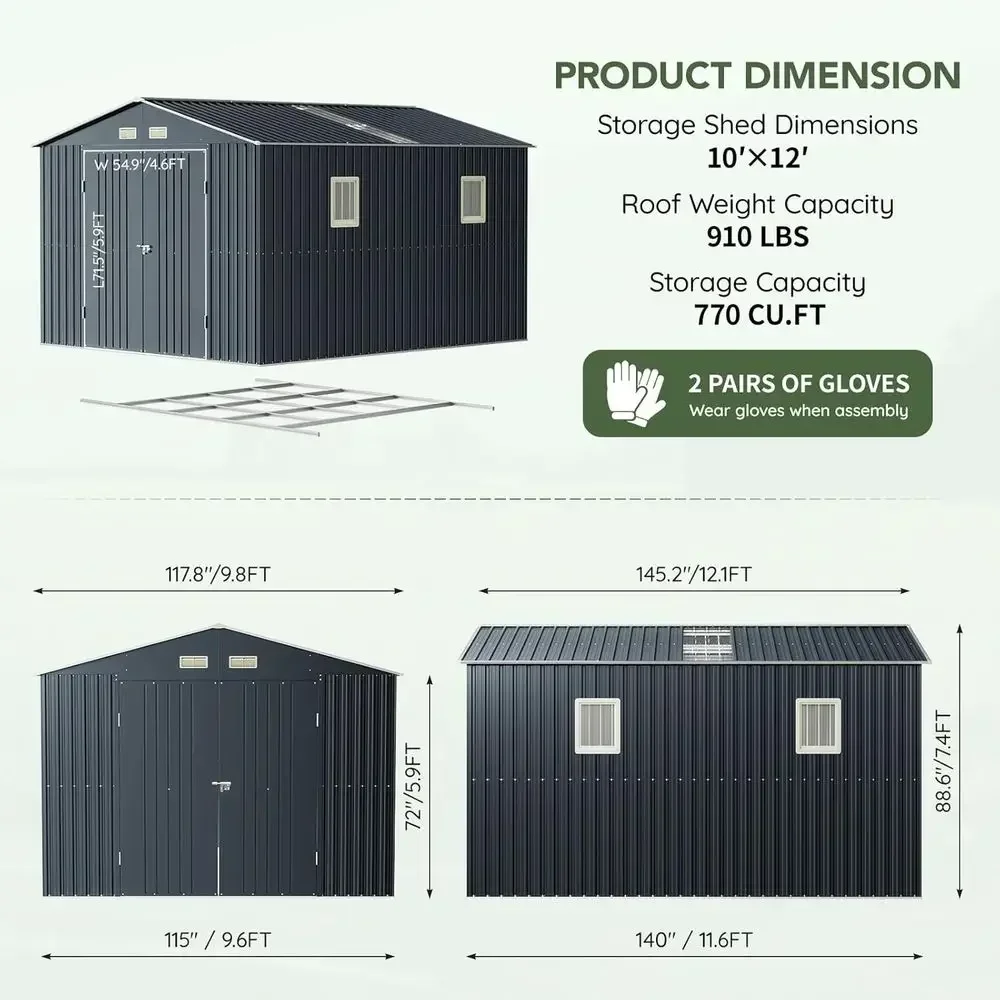 10x12 T Outdoor Metal Storage Shed with loor e, Double Swing Do, 2 Clear Windows, Replaceable Skylight Roo Panel, Tool Shed or G