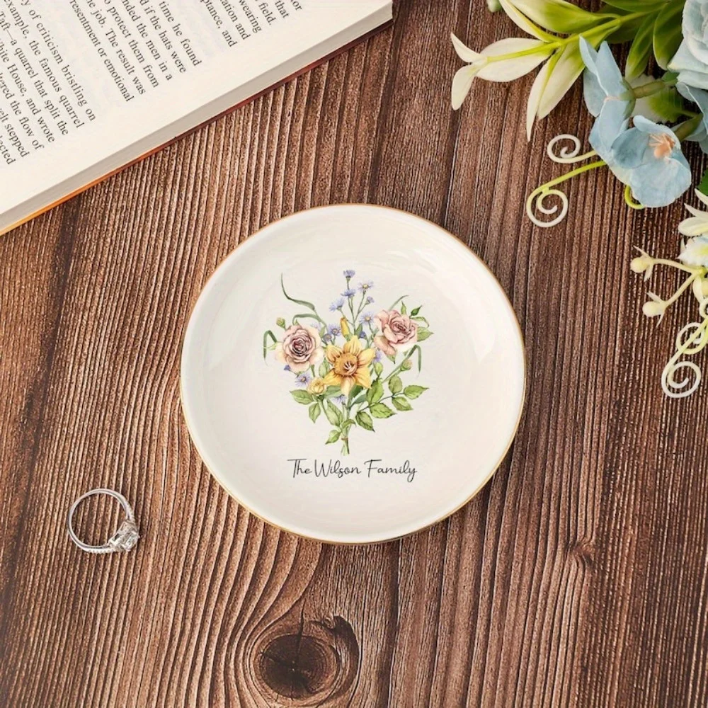 2026 New Custom Family Name Birth Flower Ceramic Ring Dish Personalized Floral Trinket Plate Jewelry Holder Home Table Decor.