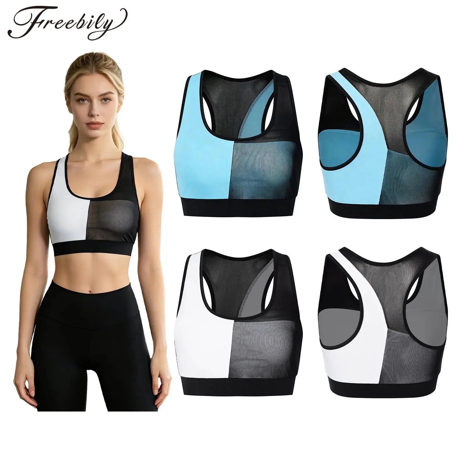 Women Color Block Yoga Bra Sleeveless Mesh Patchwork Elastic Hem Athletic Vest U Neck Crop Tank Top with Removable Chest Pads