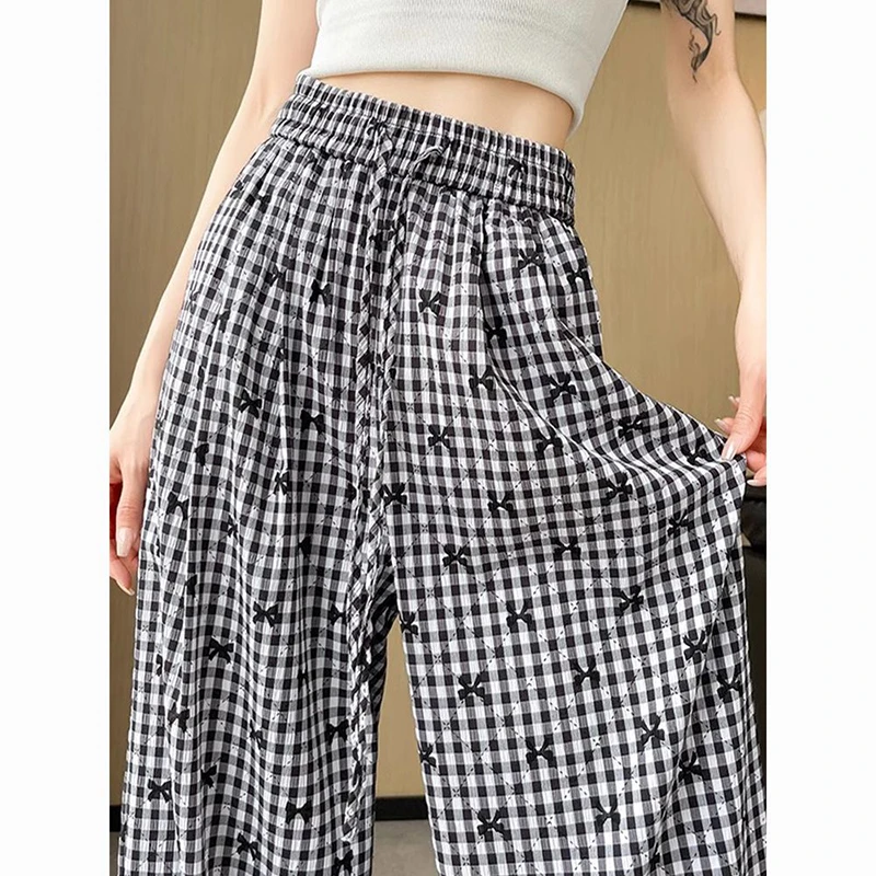

Fashion Printed Bow Pockets Plaid Casual Pants Female Clothing 2025 Summer New Loose Elastic High Waist Vintage Wide Leg Pants