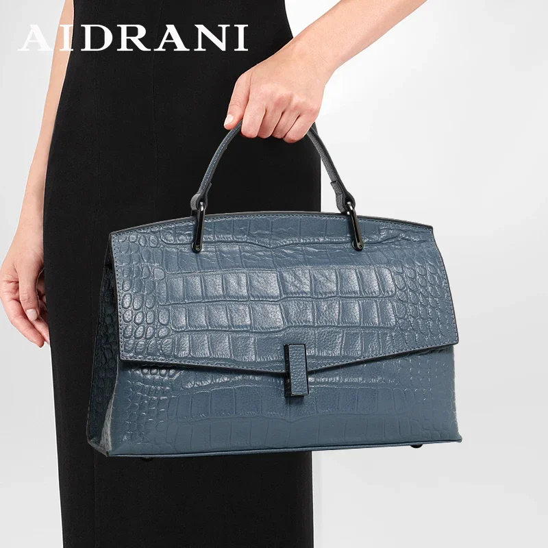 Aidrani  Fashion genuine leather women's handbag with crocodile pattern blue cowhide briefcase