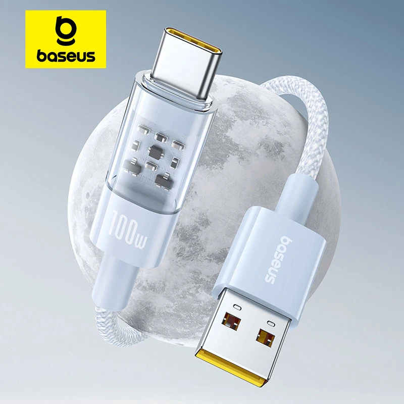 Cable Baseus USB tipo C de 100W para Huawei Honor Xiaomi Samsung Cable de datos de carga USB C transparente súper carga rápida