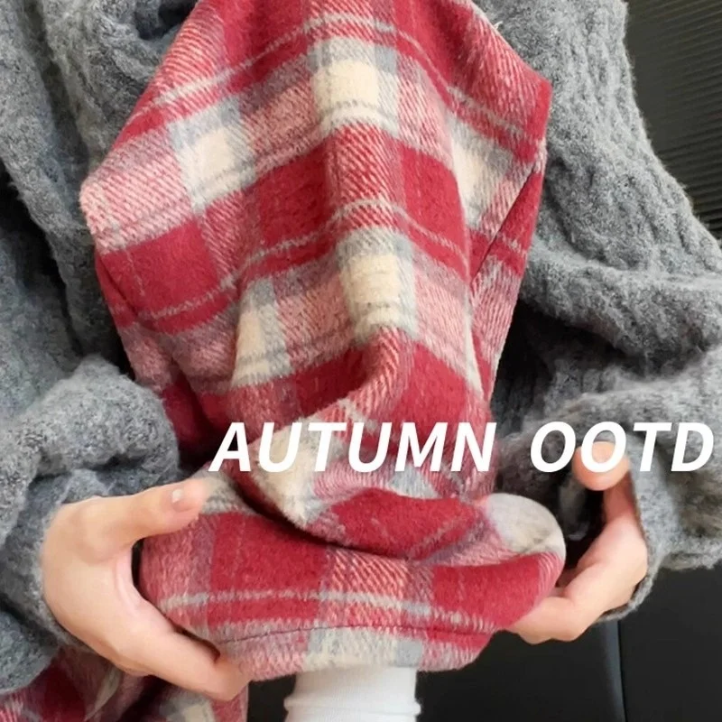 

plus Size Autumn Winter Fce Lined Woolen Casual Wide Leg Pants Women's Plaid Trousers High Waist Loose Fit Ci Walk