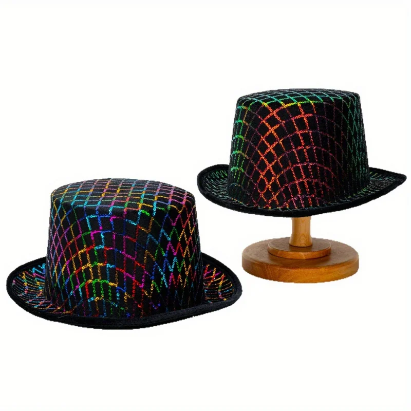 Adult Magician Party Hat with Shiny Sequins Iridescent Polychrome Plastic Costume Top Hat for Prom Halloween Dance Part