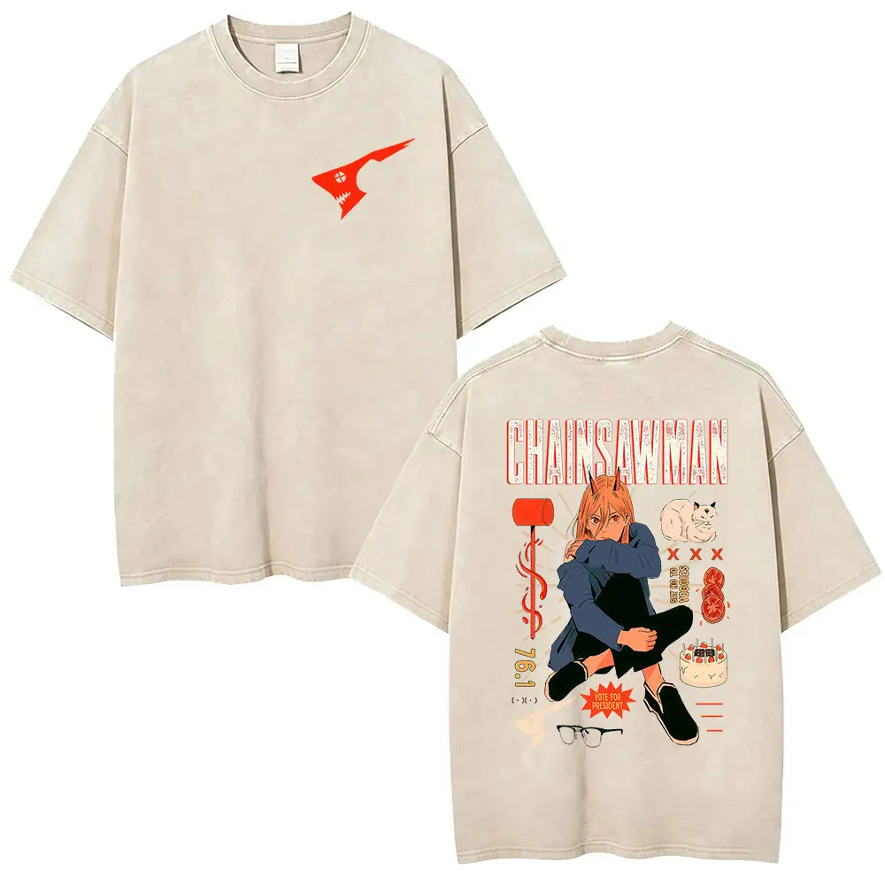 2026 Anime Chainsaw Man Makima Denji Pochita Vintage Washed T Shirt Men Women Harajuku Clothing Summer Oversized Cotton T-shirt