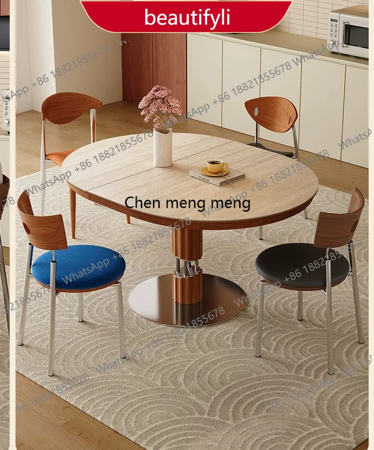 

A38 Retractable dining table round household small apartment, new high-end medieval travertine rock slab round table