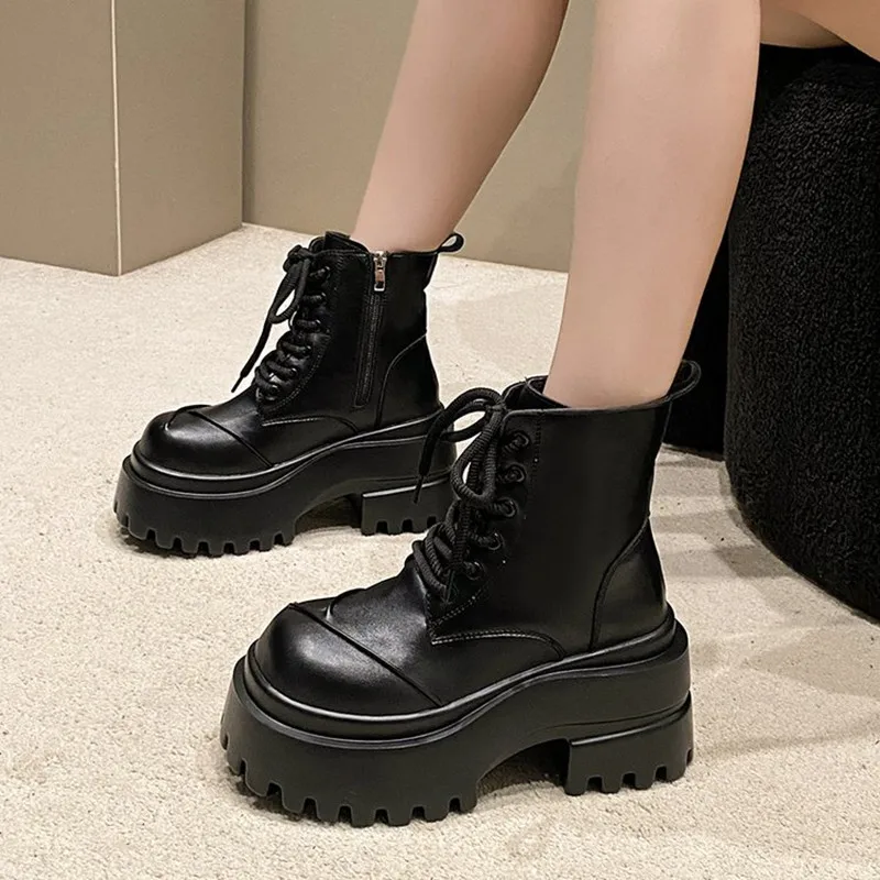 العلامة التجارية النساء أحذية عالية منصة القوطية الجلود فاسق حذاء الإناث الكاحل قصيرة أحذية قتالية 9 سنتيمتر إسفين الكعوب مكتنزة دراجة نارية الأحذية #4