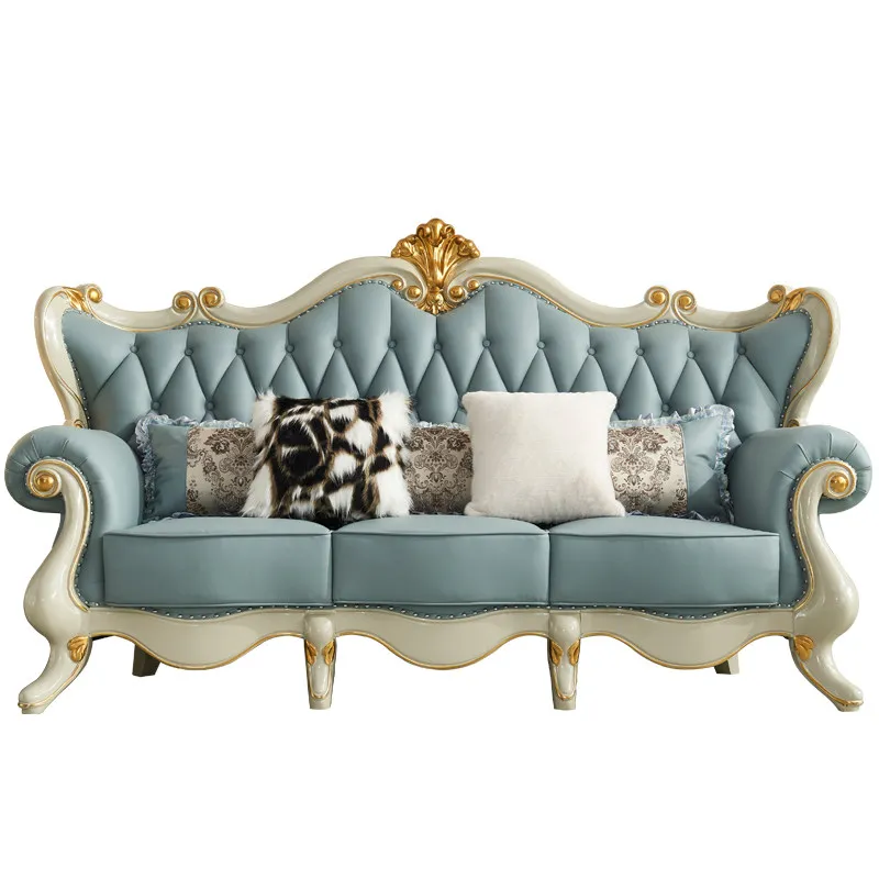 

Sofa Leather Solid Wood Carving Flower Living Room Furniture Combination Luxury Villa Blue Gold