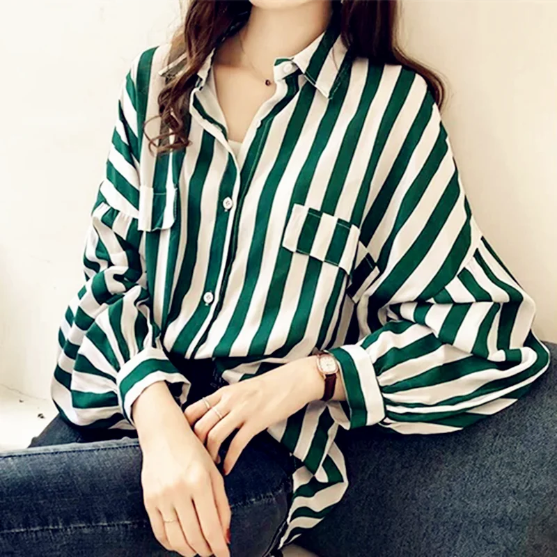 

Fashion Women Shirts Vintage Button Tees Blouse Sexy Big Large Top Loose Casual Tops Strip Pocket Cardigan