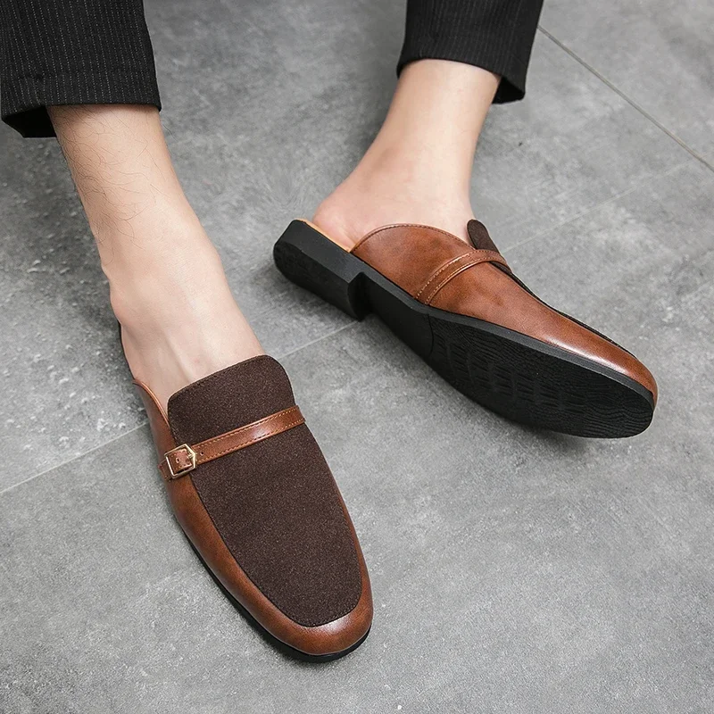 Luxury Brand Half Shoes 38-48 Men Suede Leather Brown Blue Flat Mules Black Casual Shoes Mens Fashion Mocassin Homme Chaussure