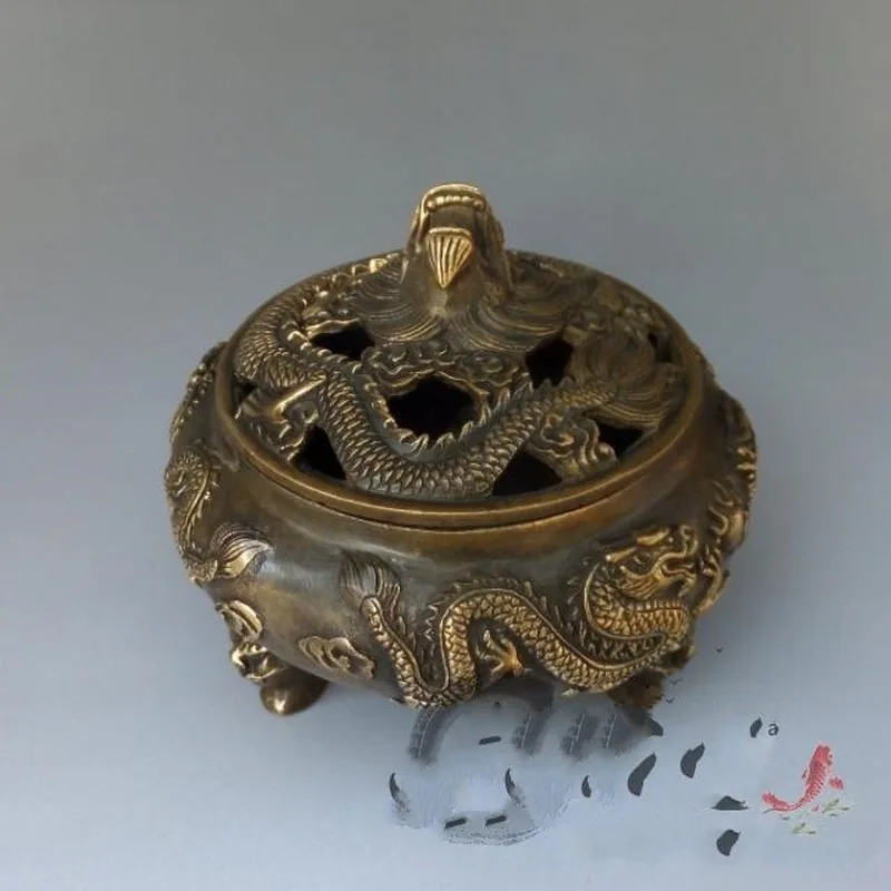Pure copper incense burner two dragons playing with a pearl, a decorative piece, a bronze antique