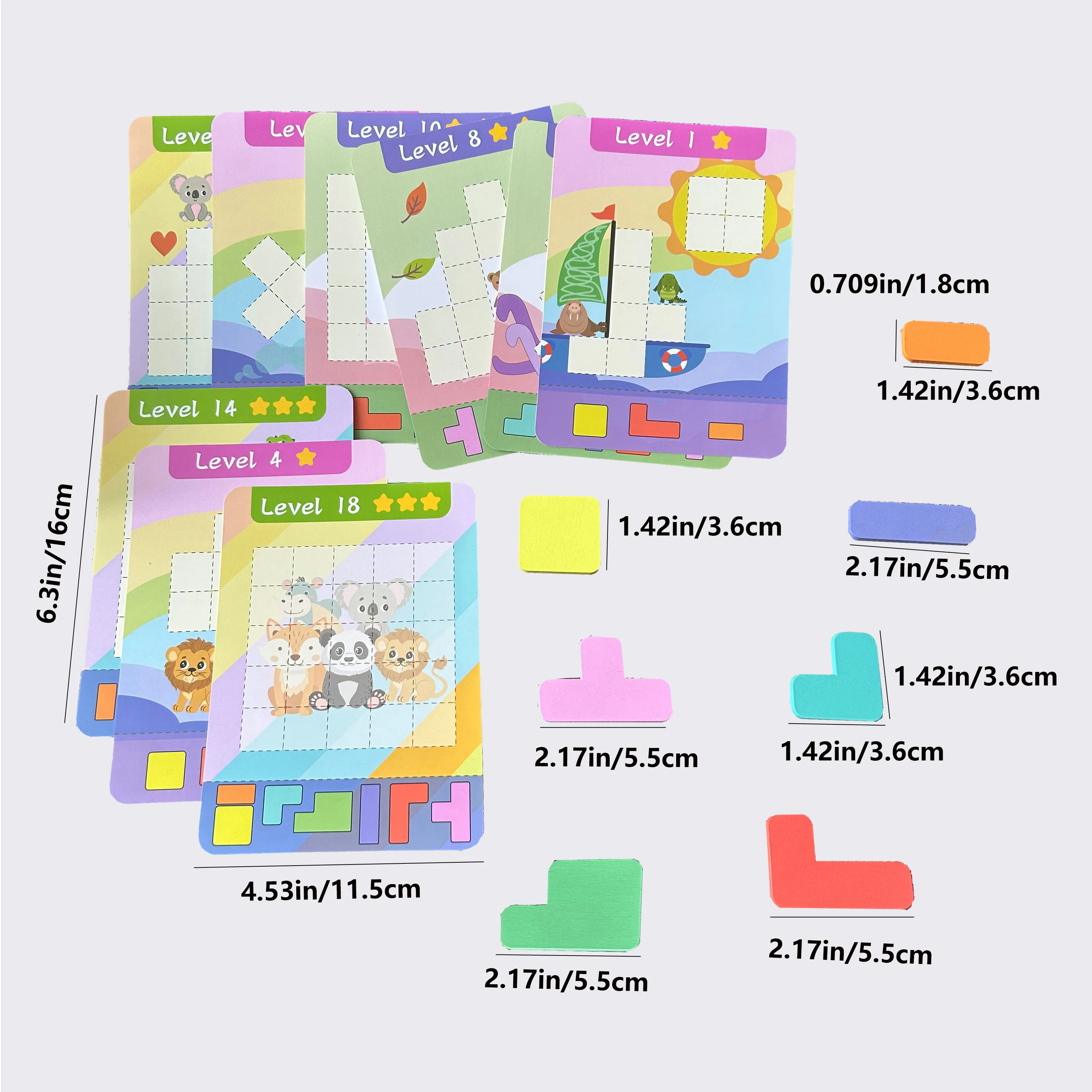Lernpuzzlespielzeug, 7 farbige Holzbausteine und 9 doppelseitige Herausforderungskarten, Übungs- und Denkfähigkeitsspiel