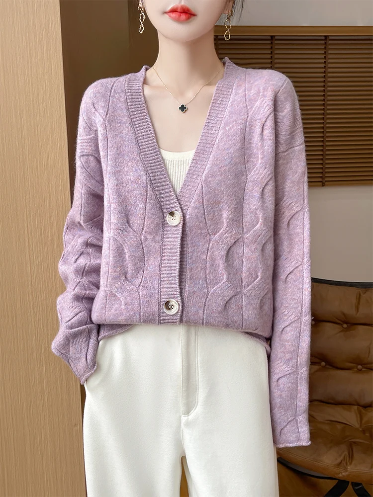 

Женский кардиган из 100% мериносовой шерсти с v-образным вырезом, осенне-зимний термобелье высокого качества, свободный повседневный элегантный свитер на пуговицах с длинными рукавами