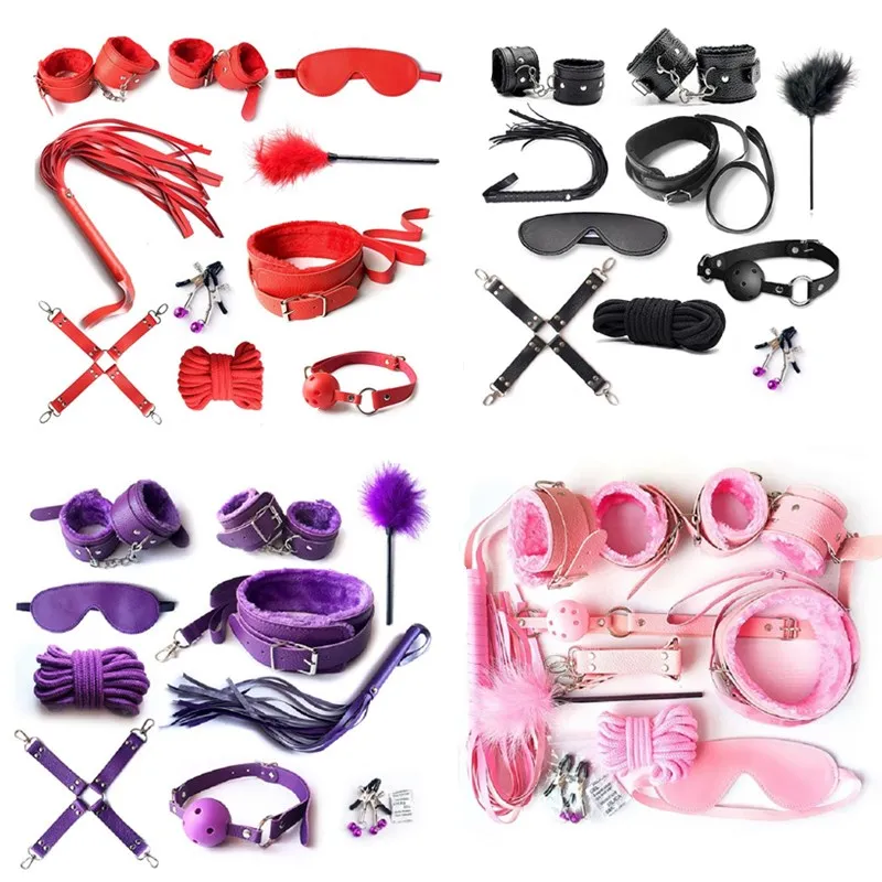 BDSM Sex Toys Kits para Casais, Algemas, Colarinho de Mamilo, Grampos, Chicote, Acessórios Exóticos para Homens e Mulheres, Brinquedos Sexuais para