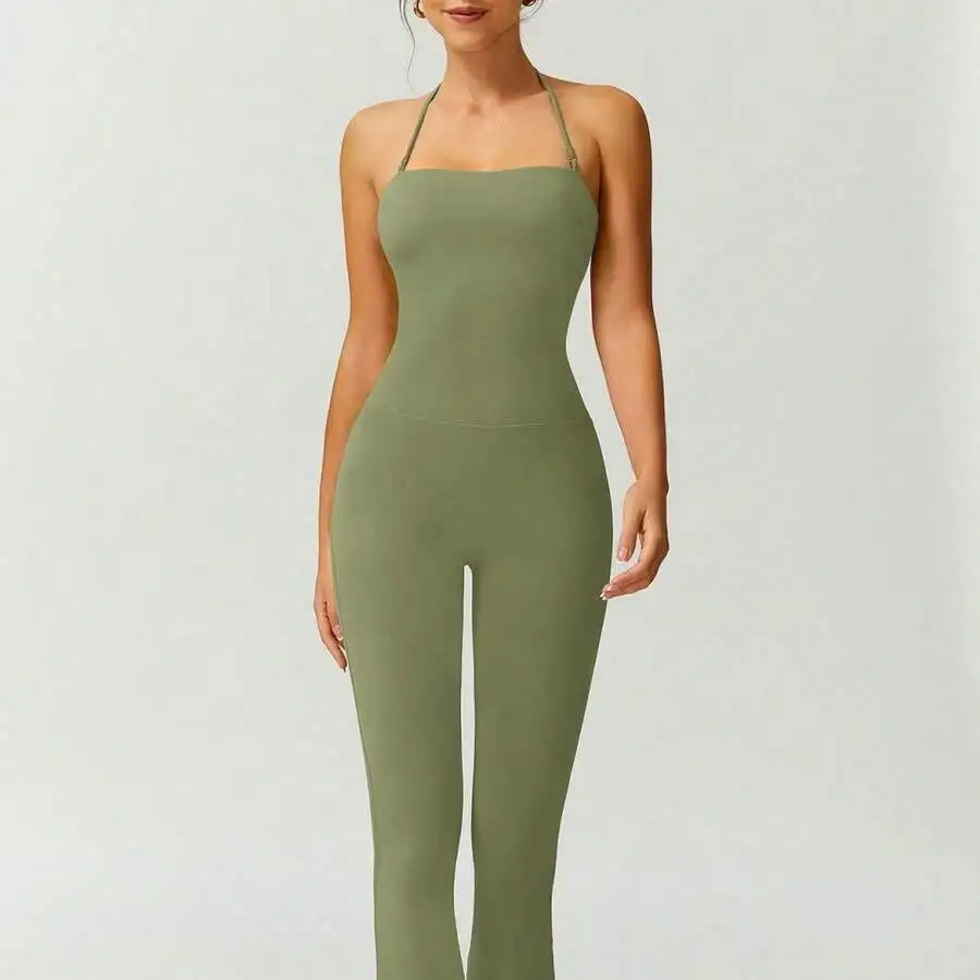 Women's Fashion Flared Yoga Jumpsuit Sleeveless Backless Tummy Control Butt Lifting One Piece Bodysuit For Gym Workout Running