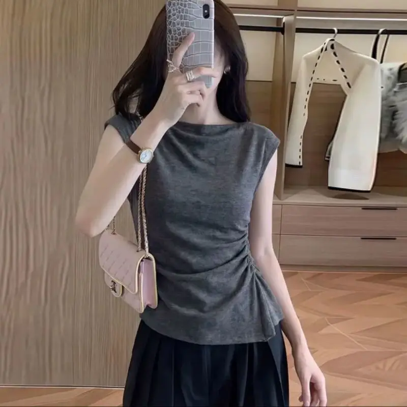 Unique Beautiful Pleated Slim Fit Summer T-Shirt Women's Sleeveless Top Korean Style Commute Pure Color Breathable Skin-Friendly