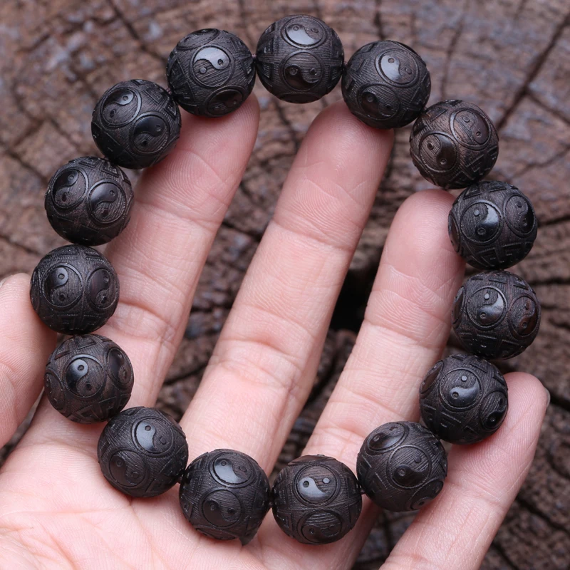 Ebenholz-Herren-Holzarmband, Symbol der Philosophie, männliches Armband, Symbol der Wahrsagerei, 20 mm, schwarzes Holzperlenarmband – Detail 4