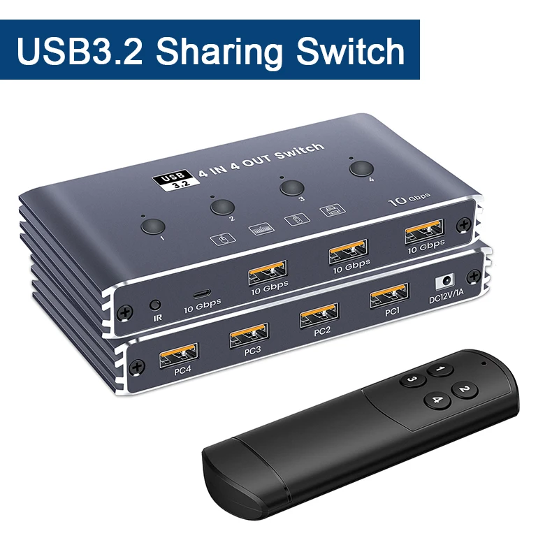 USB 3.0 Switch Selector 4 in 4 out for Loptop PC Sharing 4 USB Devices 10Gbps USB Switcher for Keyboard Mouse Printer Scanner