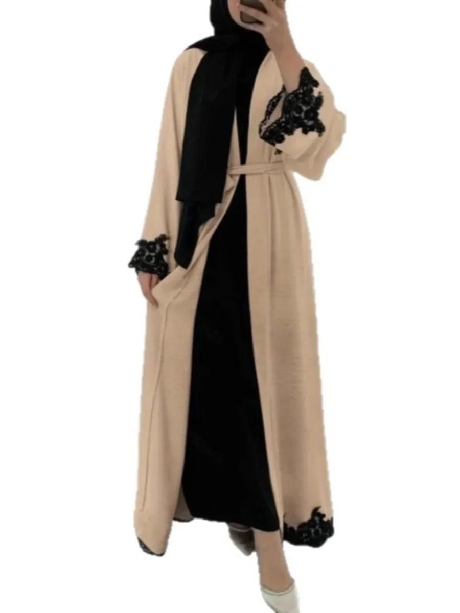 طقم نسائي مكون من قطعتين فستان دانتيل عباية سترة متواضعة أطقم إسلامية فيستدوس عربي طويل رداء رمضان دبي جلابية قفطان المغرب #5