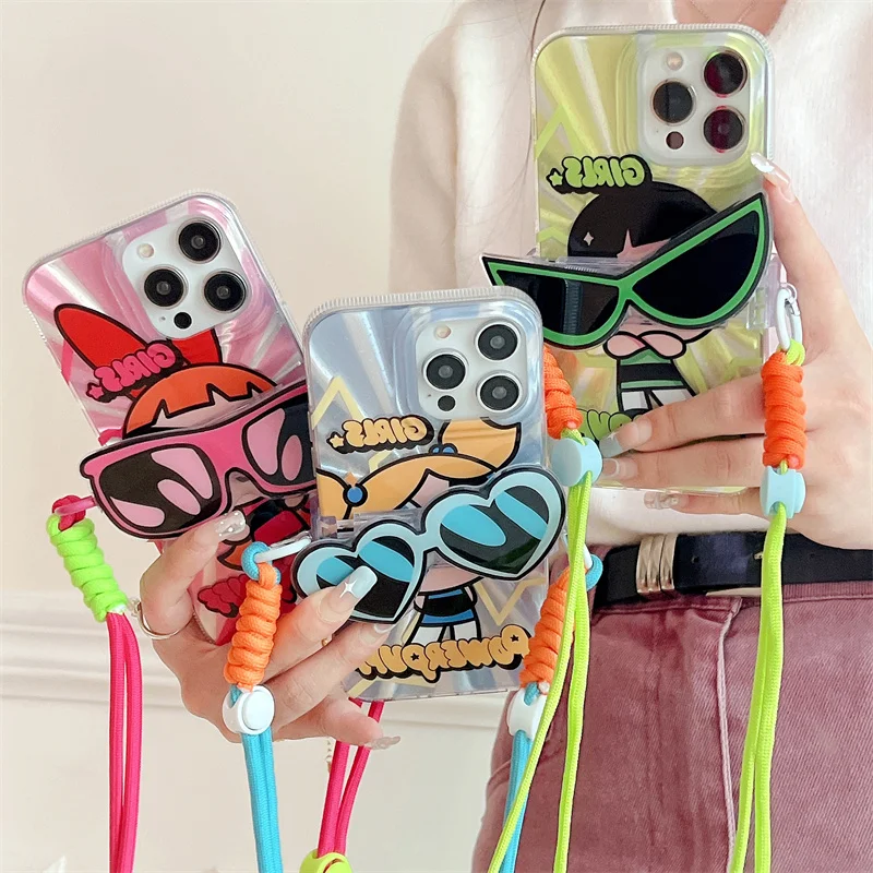 Luxury The Powerpuff Girls Glasses Stand Case For iPhone 15 14 13 12 11 Pro Max Cartoon Aurora Crossbody Lanyard Back Cover